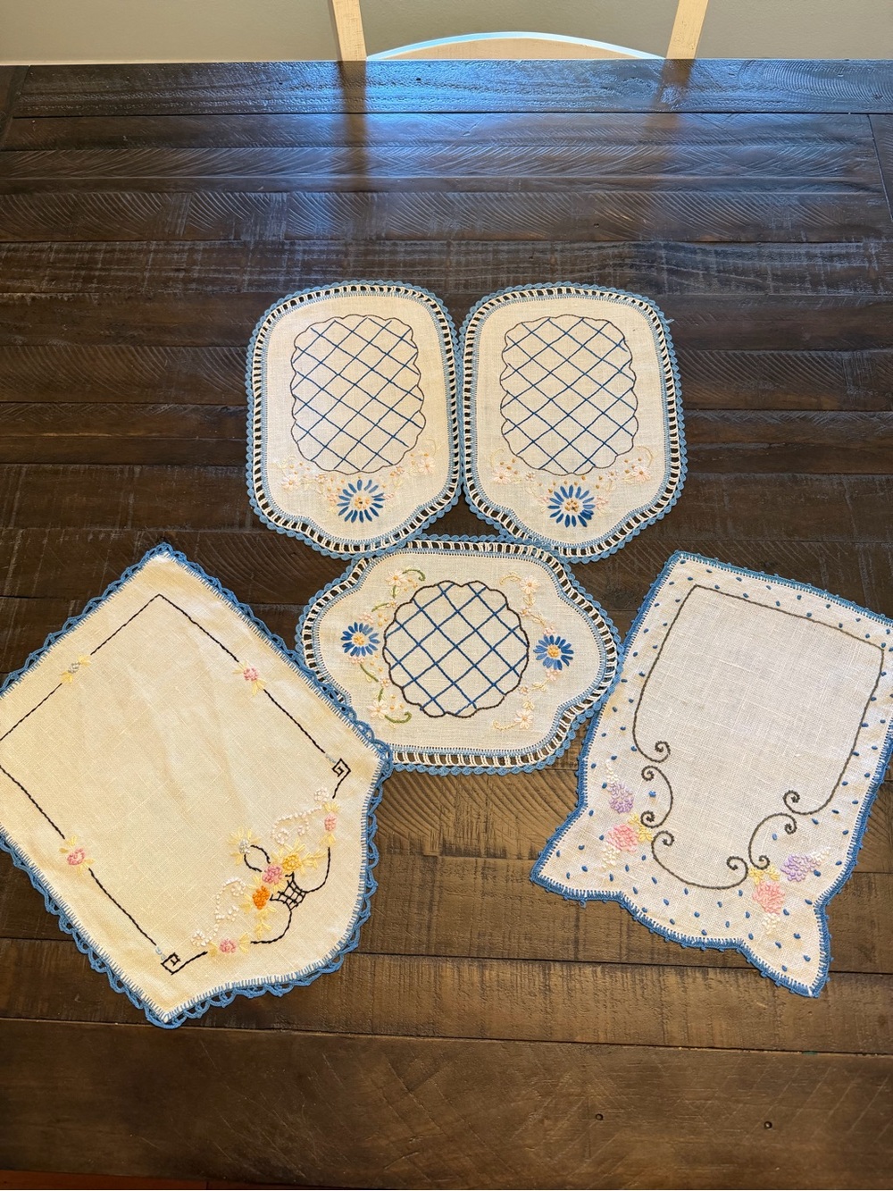 Vintage Embroidered Linen Floral Chair Doilies